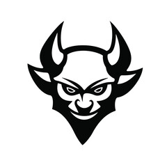 Black and white vector illustration of a stylized demon head, a powerful emblem of mythical fantasy and dark folklore for team mascots.