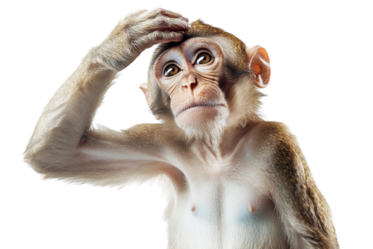 Curious monkey scratching its head, showing a puzzled expression.