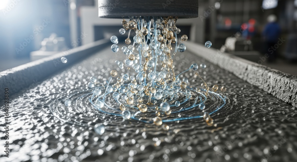 Poster Conceptual image showing dynamic interaction of microcapsules inside concrete mix during infusion on assembly line.