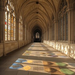 Stunning cathedral hallway with arched ceiling and vibrant stained glass windows, perfect for architectural design