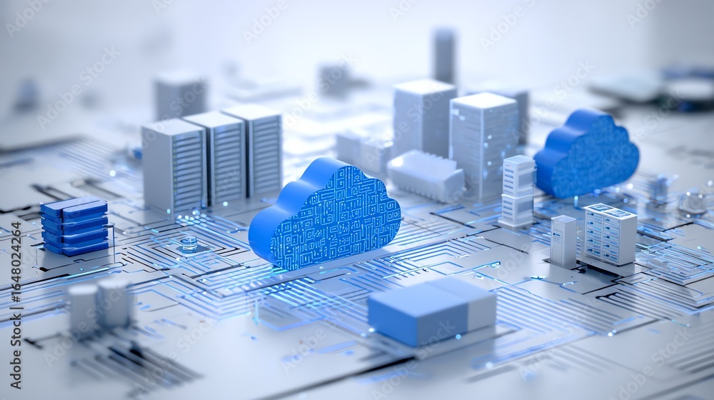Poster a futuristic cityscape rendered in a cool blue palette symbolizes the interconnectedness of data and