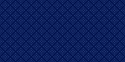 Subtle vector seamless pattern with ethnic motif. Modern geometric floral folk ornament. Simple abstract dark blue minimal background texture with grid, flower silhouettes. Repeated decorative design © Olgastocker
