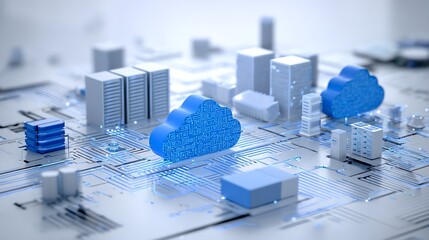 A futuristic cityscape rendered in a cool blue palette symbolizes the interconnectedness of data and infrastructure within a digital cloud network, evoking a sense of innovation.