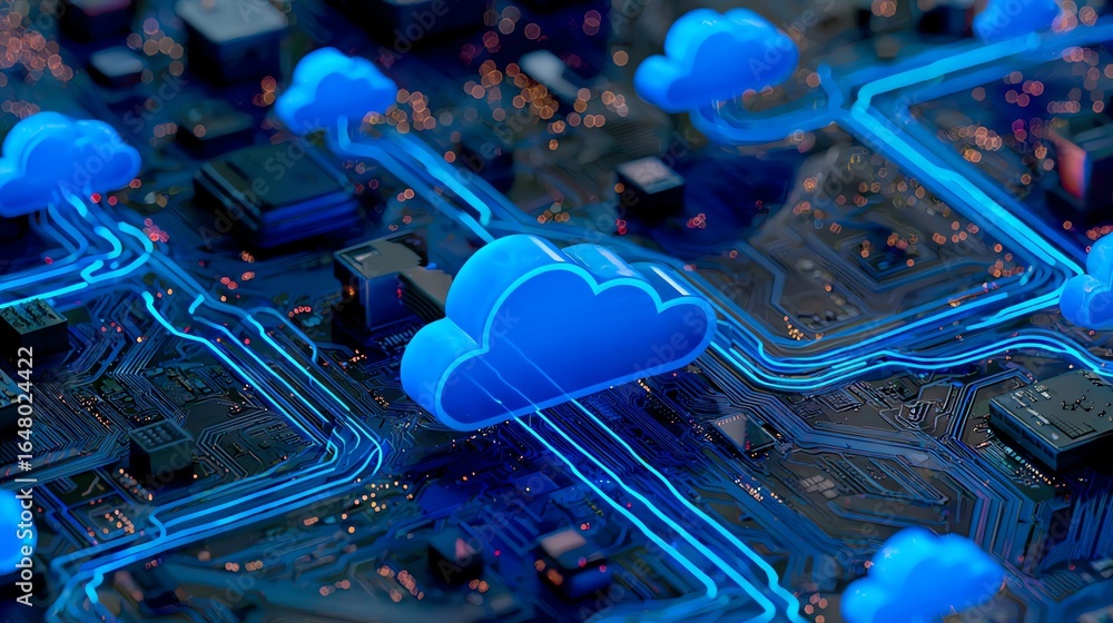 Poster a vibrant, miniature world depicts glowing blue cloud formations hovering above a complex network of