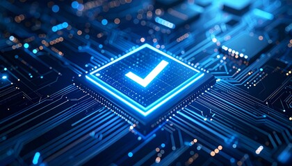 Scene with a glowing 3D check mark icon placed on a digital circuit board