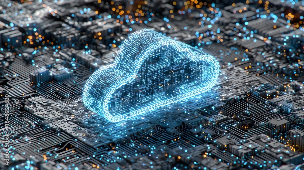 Fototapete a luminous cloud form emerges from a complex network of interconnected circuitry, symbolizing digita