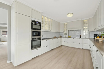 Modern luxury kitchen interior in minimal scandinavian style, 3d render