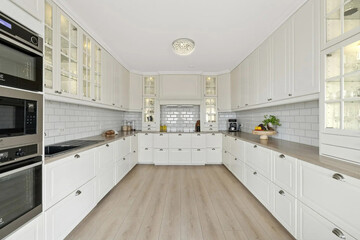 Modern luxury kitchen interior in minimal scandinavian style, 3d render