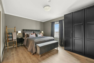Modern luxury bedroom interior in minimal scandinavian style, 3d render
