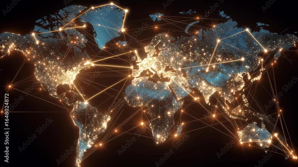 Poster a globe with many lines connecting it and a lot of lights on it. the globe is lit up and it looks li