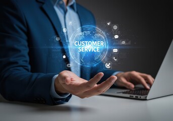 Person presenting a glowing digital globe with customer service text and icons on a laptop desk