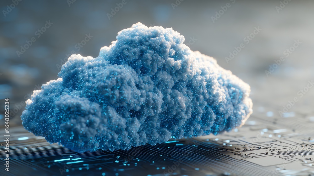 Aufkleber a digital cloud formation, composed of countless particles, rests atop a complex circuit board, symb