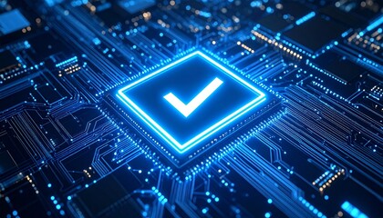 Scene with a glowing 3D check mark icon placed on a digital circuit board
