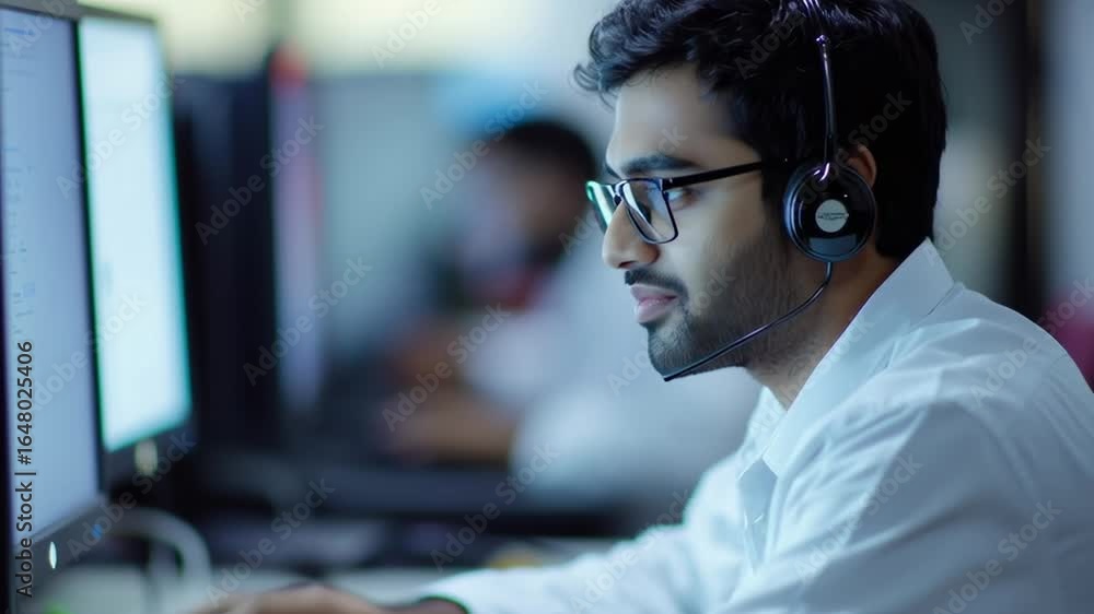 Poster a man wearing glasses and a headset is working on a computer. he is focused on his work and he is in