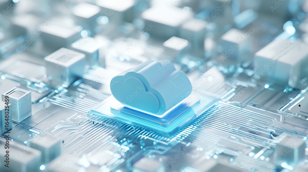 Aufkleber a luminous cloud icon rests atop a complex network of circuitry, symbolizing the convergence of digi