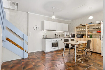 Modern luxury kitchen interior in minimal scandinavian style, 3d render