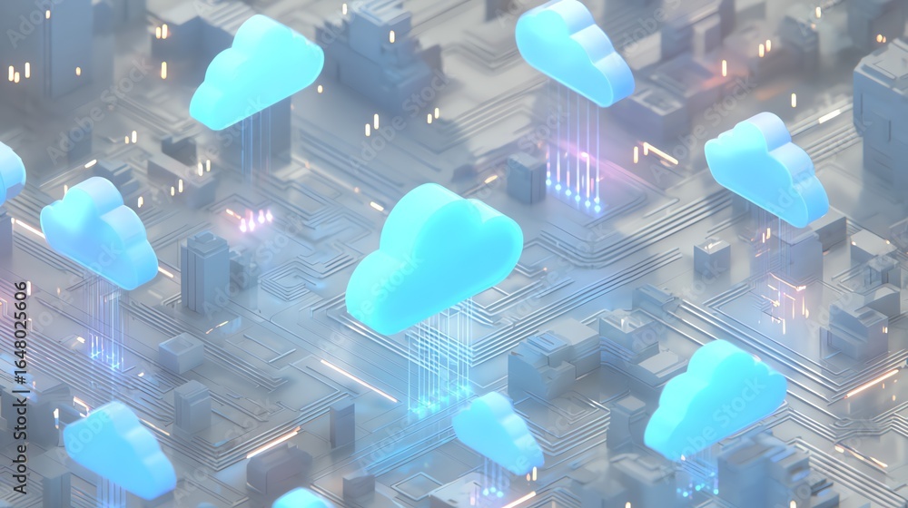 Aufkleber an abstract isometric representation depicts a network of interconnected data, symbolized by glowing
