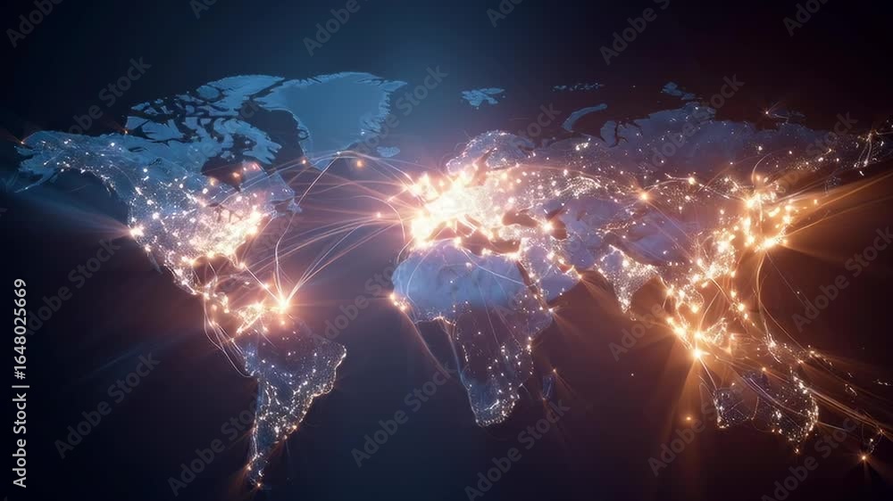 Poster a globe with a network of lights surrounding it. the globe is lit up with a blue and orange color sc