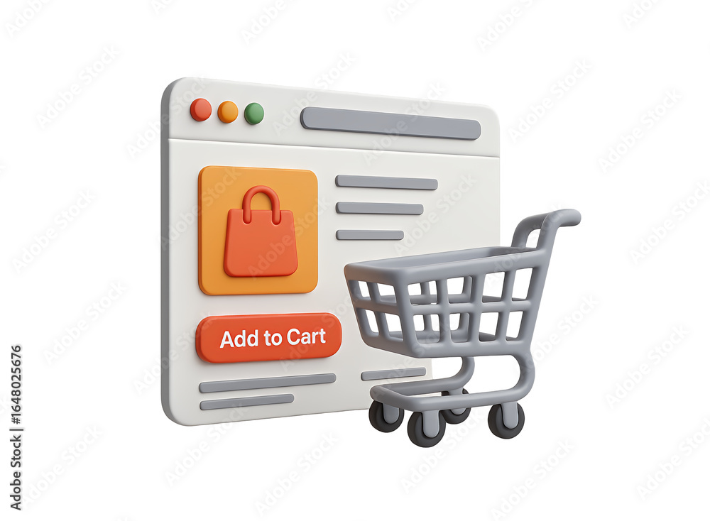 Fototapete 3d illustration of a digital shopping cart next to a computer screen with an add to cart button and 