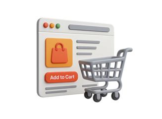 3d illustration of a digital shopping cart next to a computer screen with an add to cart button and shopping bag icon isolated on transparent background