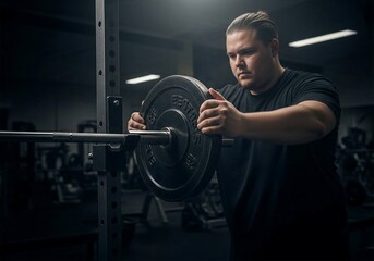 A dedicated male athlete focuses on loading a heavy weight plate onto a barbell in a dimly lit gym, preparing for a strength training session.