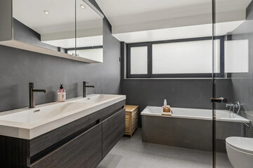 Modern bathroom interior in minimal scandinavian style, 3d render