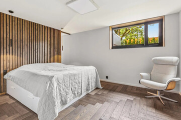 Modern luxury bedroom interior in minimal scandinavian style, 3d render