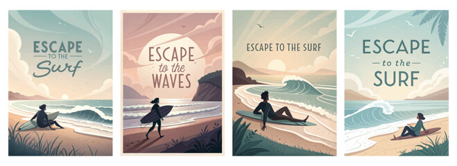 A tranquil beach scene featuring surfers enjoying the waves and the serene sunset in pastel tones.