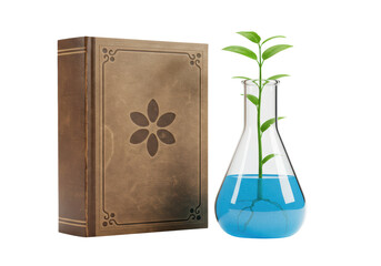 Isolated Old Book Beside Beaker with Seedling