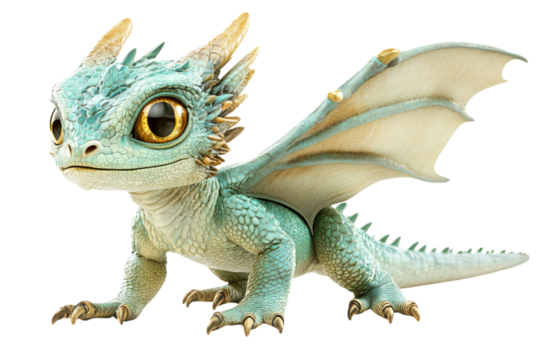 A cute green dragon with large eyes and delicate wings, showcasing an enchanting fantasy creature.