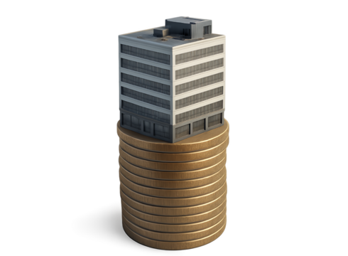 Modern office building with a circular base resembling stacked coins or a cylindrical structure representing finance or real estate concepts isolated on transparent background