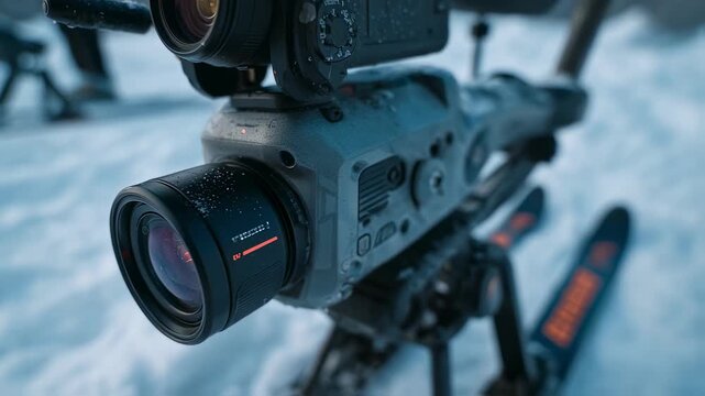 Closeup medium shot capturing the drones thermal camera lens sharply contrasted against the blurred white snowy terrain below evaluating crosscountry ski wax performance in cold