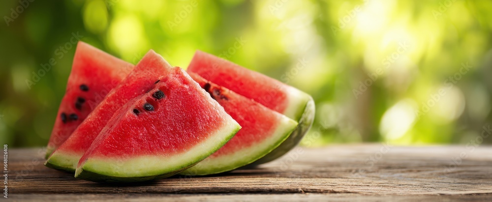 Poster the watermelon slices on a rustic wooden table with sunny bokeh background