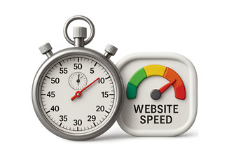 Close up of a vintage stopwatch next to a rounded square icon displaying a speedometer gauge indicating website speed performance isolated on transparent background