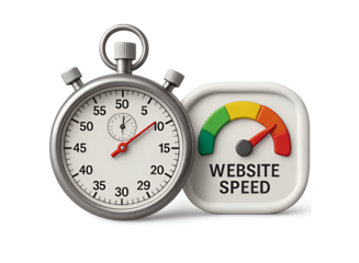 Close up of a vintage stopwatch next to a rounded square icon displaying a speedometer gauge indicating website speed performance isolated on transparent background