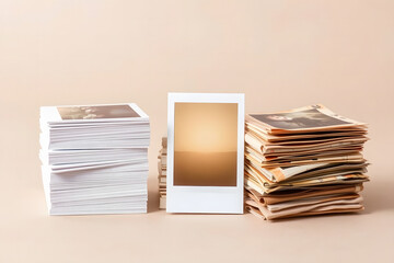 Three stacks of photos and an instant print on beige background