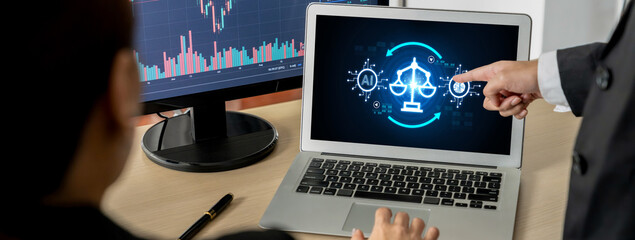 AI ethics responsibility standard law and rules on computer screen provide report of AI ethic...