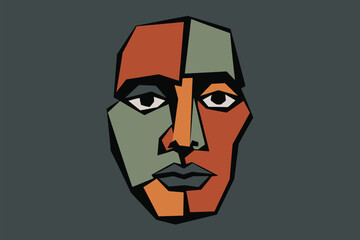 Abstract geometric face portrait with orange and green hues against a dark gray background art work