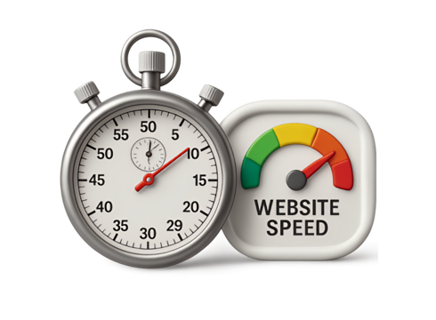 Close up of a vintage stopwatch next to a rounded square icon displaying a speedometer gauge indicating website speed performance isolated on transparent background