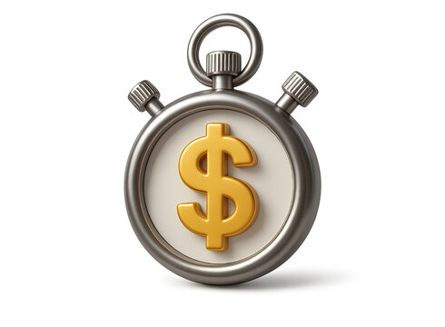 Close up of a vintage stopwatch with a golden dollar sign prominently displayed on its face symbolizing time is money and financial urgency isolated on transparent background