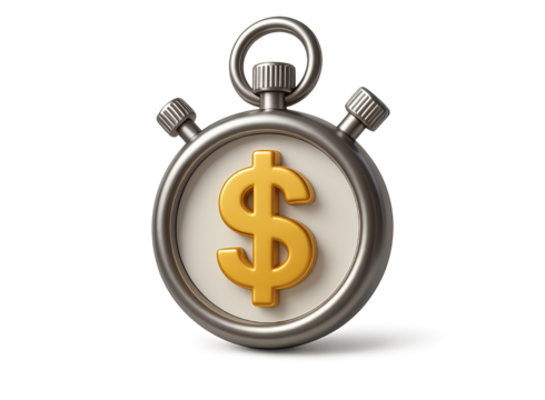 Close up of a vintage stopwatch with a golden dollar sign prominently displayed on its face symbolizing time is money and financial urgency isolated on transparent background