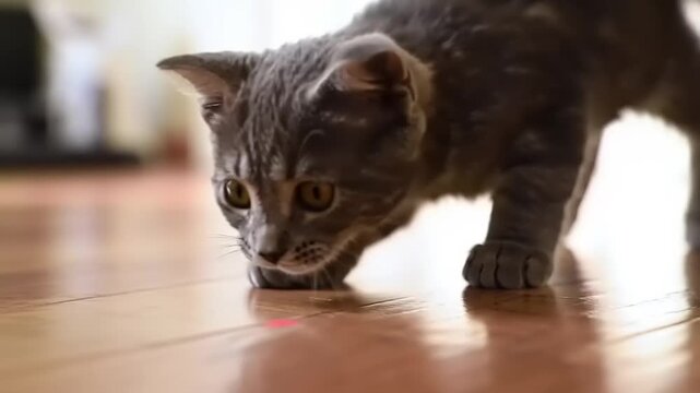 Kitten chasing laser indoors.