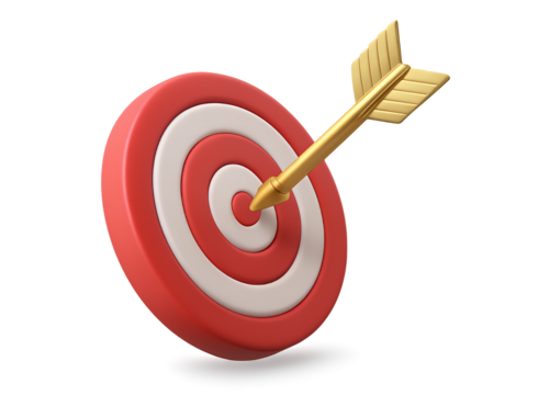 Golden arrow perfectly hitting the bullseye center of a red and white circular target symbolizing success and achievement isolated on transparent background