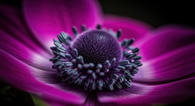 Close up of a vivid purple anemone flower with detailed stamen