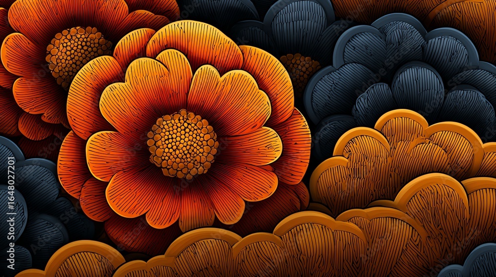 Poster an intricately detailed composition showcases a cluster of stylized floral forms in warm orange and 