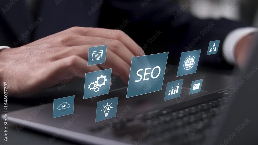 Poster businessman analyzing seo search engine optimization for promoting ranking traffic on website and op