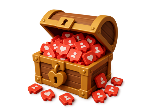 Treasure chest overflowing with red social media likes and follower icons symbolizing online popularity and digital engagement isolated on transparent background