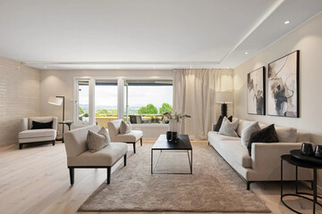 Modern luxury apartment interior in minimal scandinavian style, 3d rendering