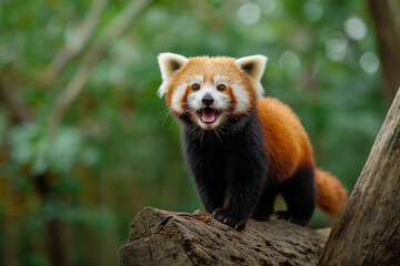 Obraz premium A red panda is standing on the edge of a tree trunk, looking at the camera with its mouth close, against a green background, 