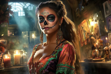 Elegant woman with Día de los Muertos face paint in a candlelit setting—perfect for cultural campaigns, event promotions, or themed editorial visuals